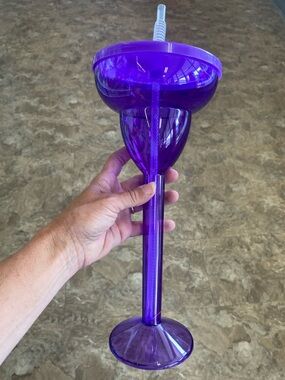 Tall Purple Plastic Margarita Cup with Lid & Straw